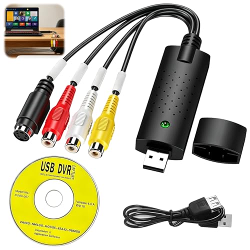 Convertisseur VHS vers Numérique Carte de Capture Vidéo USB 2.0 pour VCR Mini DV Hi8 DVD Adaptateur Cassette VHS Compatible avec Ordinateur PC Mac Windows 10...
