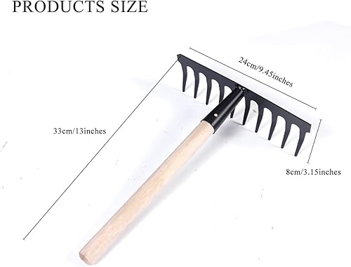 Miniatura 4 de icross-ep Herramienta de jardinería con 10 dientes, rastrillo largo de acero al manganeso, mango ergonómico de madera, rastrillo de jardín, pequeño