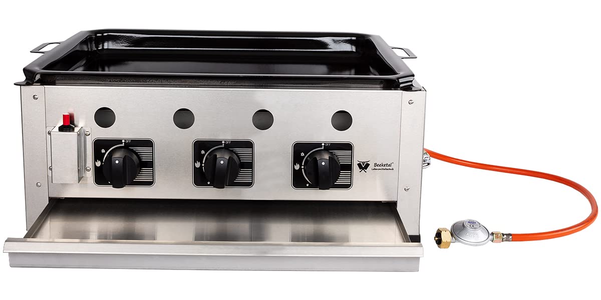 Beeketal 'GGB-1' Profi Gastrobräter Gasgrill mit emaillierter Stahlpfanne, 3-flammig, Piezo Zünder, 3 x Gasregler stufenlos, Gasbräter inkl. emaillierter Stahlpfanne, Gasschlauch und Druckminderer