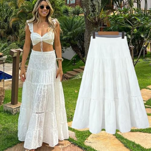 French Country Lazy Cotton Embroidered Skirt Minimalist White Holiday Casual High Waist Midi Skirt Women2