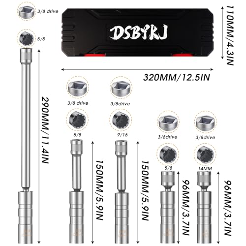 DSBYKJ 5 Piece 3/8" Drive Magnetic Rotary Swivel Spark Plug Socket Set ，Thin Wall Spark Plug Sockets with9/16", 5/8", 14mm Receptacles and 3/8" Drivers with 12 Points, Cr-V Steel — view 2