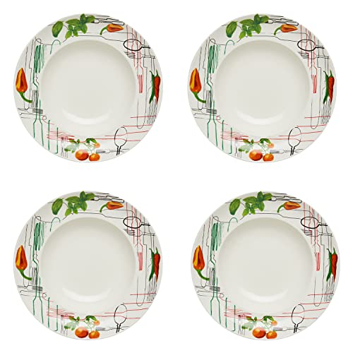 KHG 4er Set Pastateller, extra groß mit 30cm Durchmesser in Besteck Print, perfekt für Gastro und Zuhause, hochwertiges Porzellan, Suppenteller, Salatteller, Spühlmaschinengeeignet