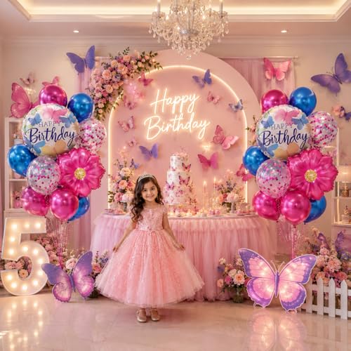 Image of AMFIN (Pack of 20) 17 Inch Butterfly Theme Birthday Balloon Bouquet Pink Blue Chrome Metallic Finish Foil Latex Confetti Women Girls Decoration Item Kit Rainbow Flower