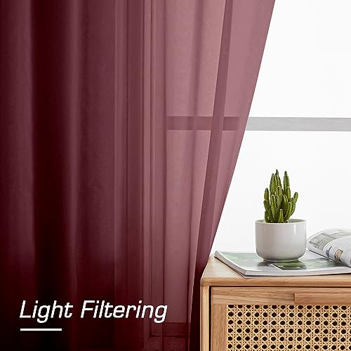 Image of Simplebrand Rod Pocket Top Solid Voile Sheer Curtains for Bedroom, 54 Inch Length Drapes Set of 2, Lightweight and Light Filtering Elegant Red Curtains Panels Window Treatment, 42Wx54L, Burgundy