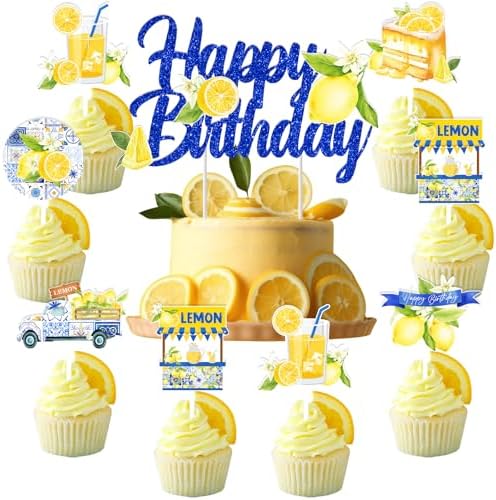 JOYMEMO 25 Pcs Blue Tile and Lemon Birthday Cake Decorations - Le...