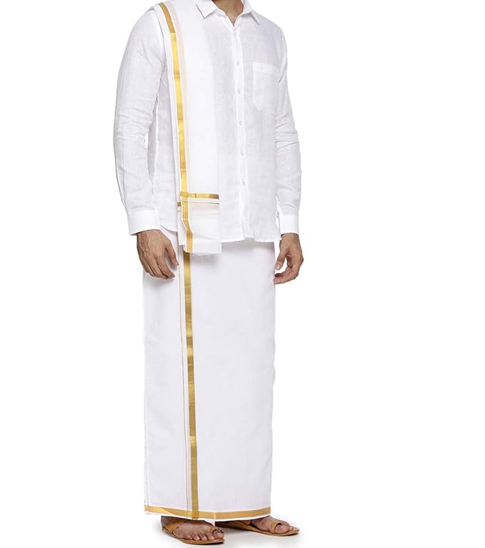 Genxt 100% Pure Cotton Dhoti with Gold Jari Border (White, 38)
