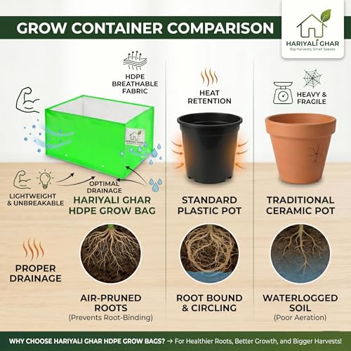 Image of Heavy Duty 260 GSM HDPE Square Grow Bags 24x12x12 Inch, UV Protected Green Planting Bags for Terrace Kitchen Gardening Pack of 5