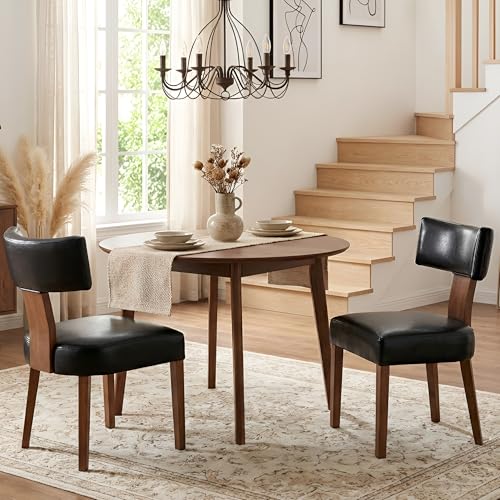 HNY Mid-Century Dining Chairs Set of 2, Black PU Leather