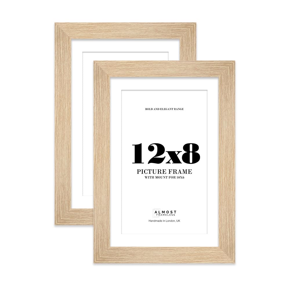 12x8" Oak Frame With Mount for 10x6" Pictures 28mm Edge Portrait and Landscape Display with Wall Hooks and Kickstand, 2 Pack