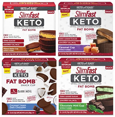Slimfast Keto Fat Bomb Stuffed Snack Cups, Peanut Butter Cup, Caramel Cup, Coconut Cream Dark Chocolate, and Chocolate Mint Cup, 0.6 Ounce Cups (56 Cups Total) - with Make Your Day Bag Clip