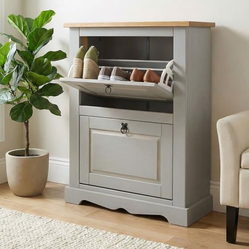 IDIMEX Meuble à Chaussures Tequila Style Mexicain Armoire à Chaussures avec 2 abattants, en pin Massif lasuré Gris et Brun