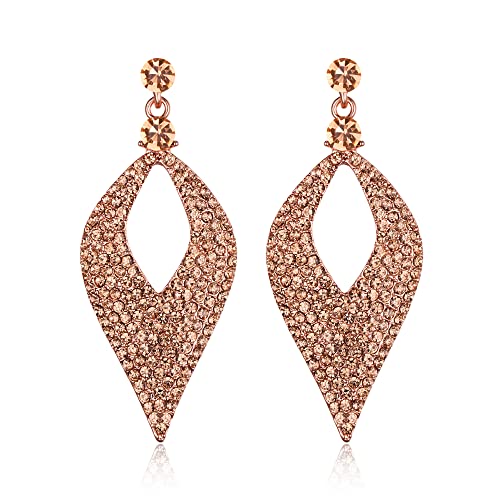 BriLove Bohemian Boho Dangle Earrings for Women Crystal Hollow Leaf Chandelier Jewelry Peach Morganite Color Rose-Gold-tone