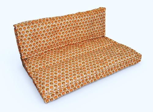 Image of ASHEVILLE Orange Floral Print No Wood Modular Sofa | Low Floor Seating, Corner Cushion Chair, Modular Lounge Furniture| Handcrafted| Printed Cotton Upholstery Sofa| Set of 2 Pcs| 80x120x12 cm