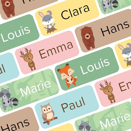Wraplab Namensaufkleber für Kinder (120 Stück) - Gegenstände & Schule/Kita - Namensschilder für Schulsachen personalisiert und spülmaschinenfest (Waldtiere)