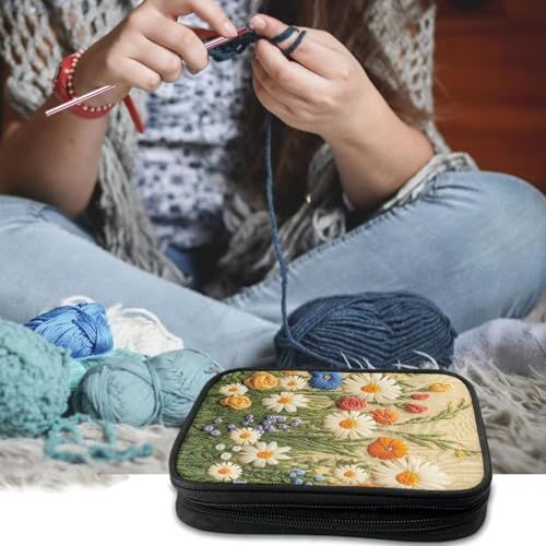 Image of Art Daisy Crochet Hook Case Crochet Hook Holder Portable Storage Bag with Web Pockets Suitable for Needles /Knitting Accessories