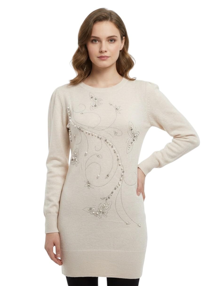 hautemoda Women Woollen Sweater Dress, Navy Blue Long Sleeve with Embellishments, Winter Body Hugging Fit-picture-35