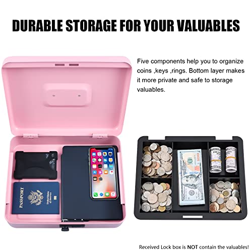 Image of KYODOLED Metal Cash Box with Combination Lock Money Box for Cash Safe Metal Box with Money Tray for Security Lock Box 11.81 inchx 9.45 inchx 3.54 inch Pink X Large