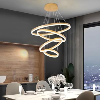 Gold Modern Chandelier,Large Modern Chandelier for Dining Room Light Fixture, 4 Rings Gold Led Chandelier Modern Pendant Light for Kitchen Island Lighting, Dimmable Led Ring Chandelier with Remote
