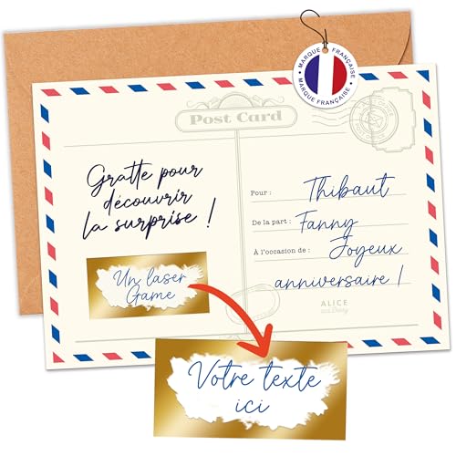 aliceandberry Carte à gratter Cadeau Surprise | Personnalisable à la main | Annonce, Anniversaire, Noël | Enveloppe & Pastille à gratter incluses | Carte postale Vintage