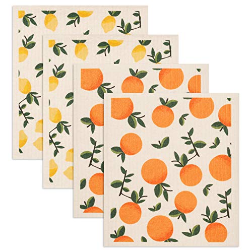 GMIcréatifs Paquete de 4 paños de cocina suecos con estampado de limones amarillos y naranjas, reutilizables, paños de limpieza de cocina, lavables a máquina, mide 20 x 17,5 cm.