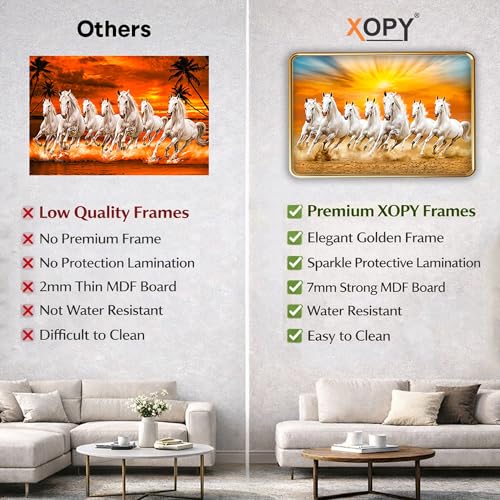 Image of XOPY Seven Running Horses with Golden Frame | Vastu 7 horses Raw Pyrite Painting for Home, Office & Living Room Wall Decore | 12X18 Inch Sparkle Laminated Frame | Best For Gifting (53316, 12X18)