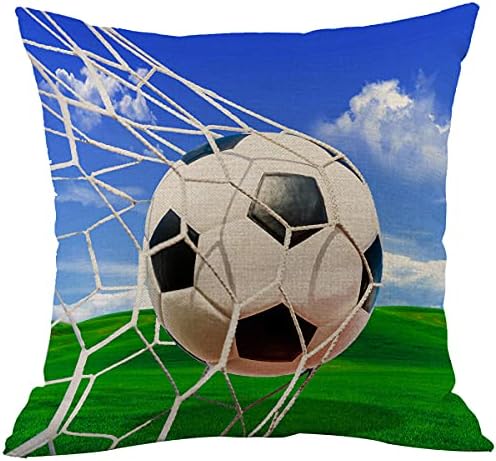 CANSEGO Soccer Pillowcases Sports White and Black Football in Ball Net in Green Field Grass Blue Sky Throw Pillow Cushion Covers Cotton Linen for Men Women Boys Girls Living Room 18x18 Inch