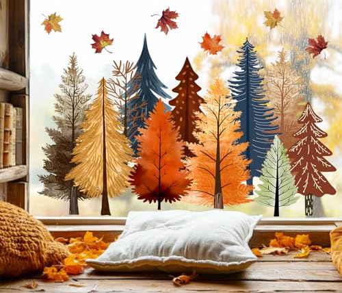 Whaline 6 Sheets Fall Window Clings Window Decal Boho Autumn Tree Maple Leaves Reusable Anti-Collision Windows Decor for Harvest Thanksgiving Home Office School Party Supplies