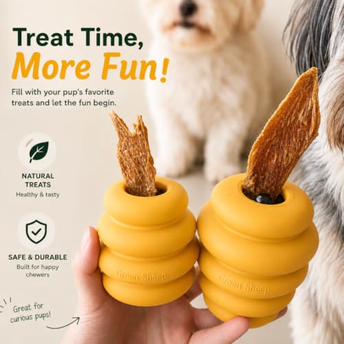 Image of Green Sheep Enrichment Dog Ball for Small Dogs, Natural Rubber Treat Dispensing Chew Toy for Mental Stimulation & Boredom Relief, Interactive Dog Toys, Yellow