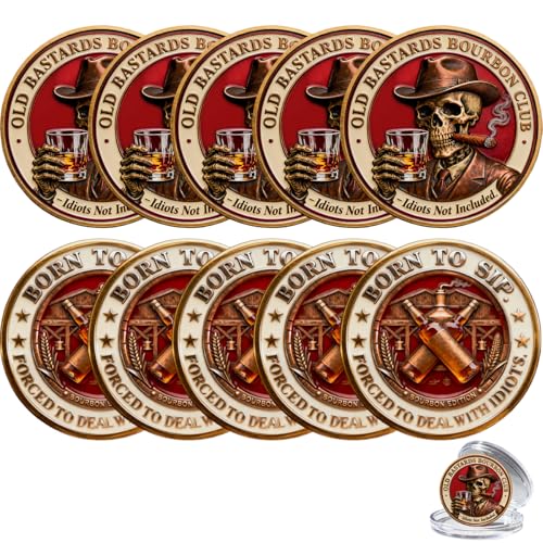 Old Bastards Bourbon Club Collectible Coin,Bourbon Fixes Almost Everything—Idiots Not Included Challenge Coin,Whiskey Skull Commemorative Coin for Whiskey Lover, Bar Décor (10PCS)