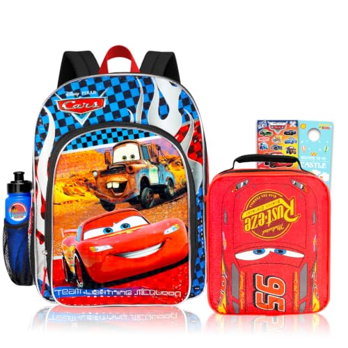 Disney Cars Backpack and Lunch Bag Set - Bundle with 16” Disney Cars Backpack, Lunch Box, Stickers, More | Lightning McQueen School Supplies for Kids