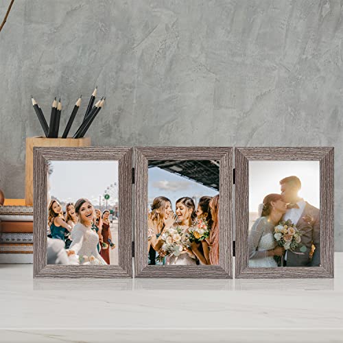 Frametory, 5X7 Triple Picture Frames Hinged 3 Photos Frame Collage, Three Picture Frames Multiple Desk Frame With Glass (Grey, 2 Pack) #TOP7