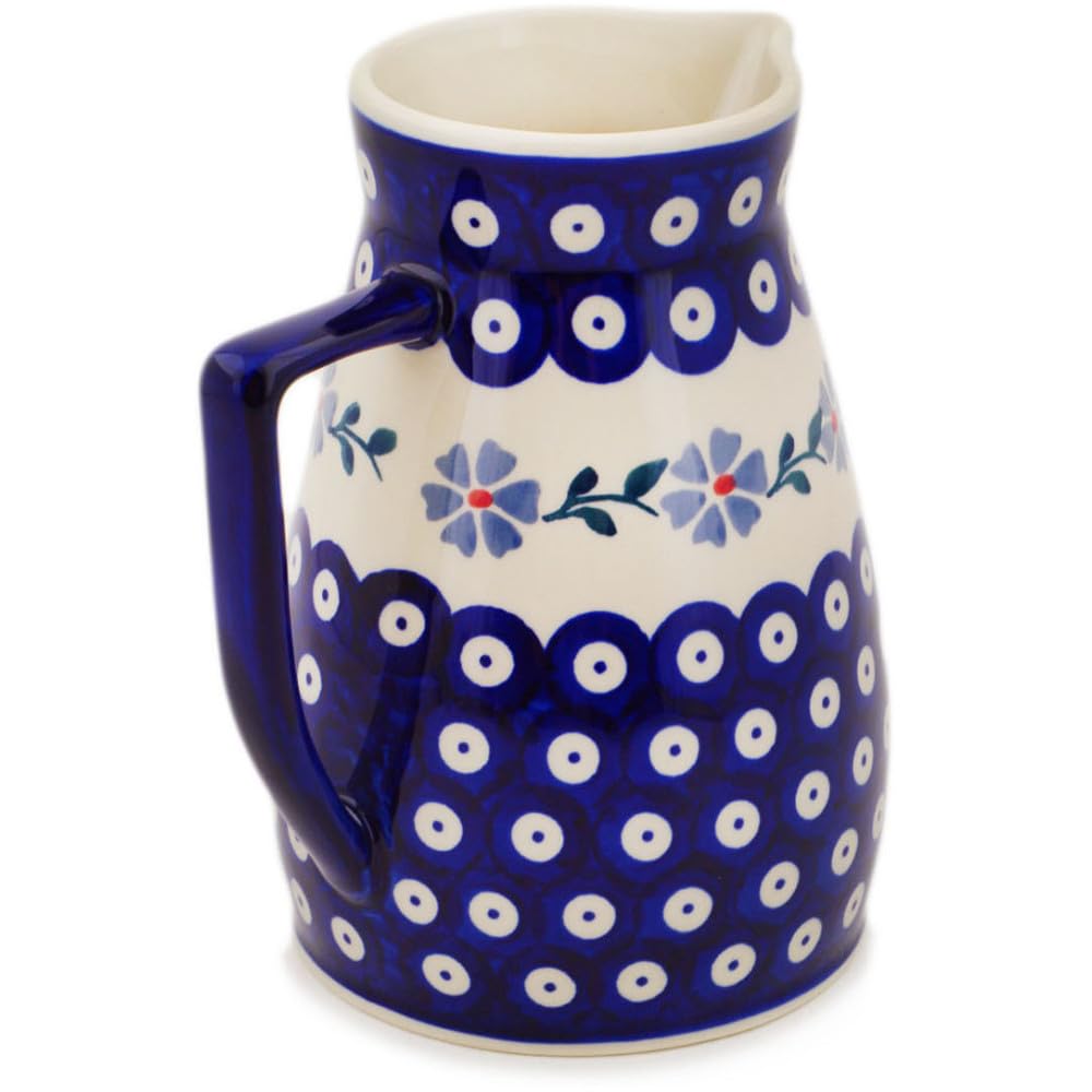 Authentic Polish Pottery Pitcher in Peacock Forget-Me-Not Design Handmade in Boles?awiec Poland + Certificate of Authenticity