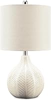 Signature Design by Ashley Rainermen Ceramic Table Lamp - Herringbone Transparent White Glaze, Drum Shade, 11x21 Off-White Modern Accent