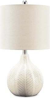Signature Design by Ashley Rainermen Ceramic Table Lamp - Herringbone Transparent White Glaze, Drum Shade, 11x21 Off-White Modern Accent
