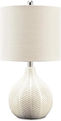 Signature Design by Ashley Rainermen Casual Ceramic Table Lamp, Transparent White Glaze Finish, Drum Hardback Fabric Shade, 11" W x 11" D x 21" H, Off White
