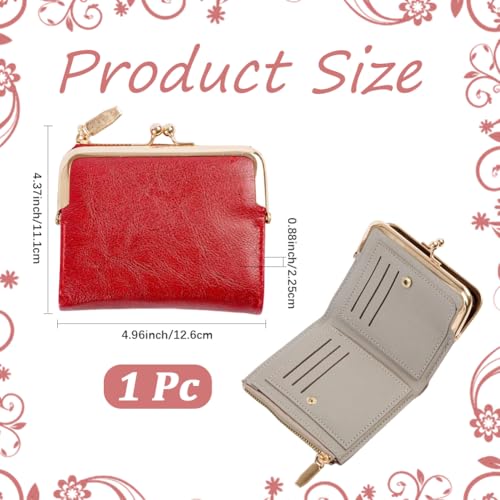 4.96 x 4.37 Inch PU Leather Small Kiss Lock Wallet Ladies Compact Bifold Coin Purse RFID Blocking Vintage Rectangle Wallet With Zipper for Women Travel Money Organizer (Red)2