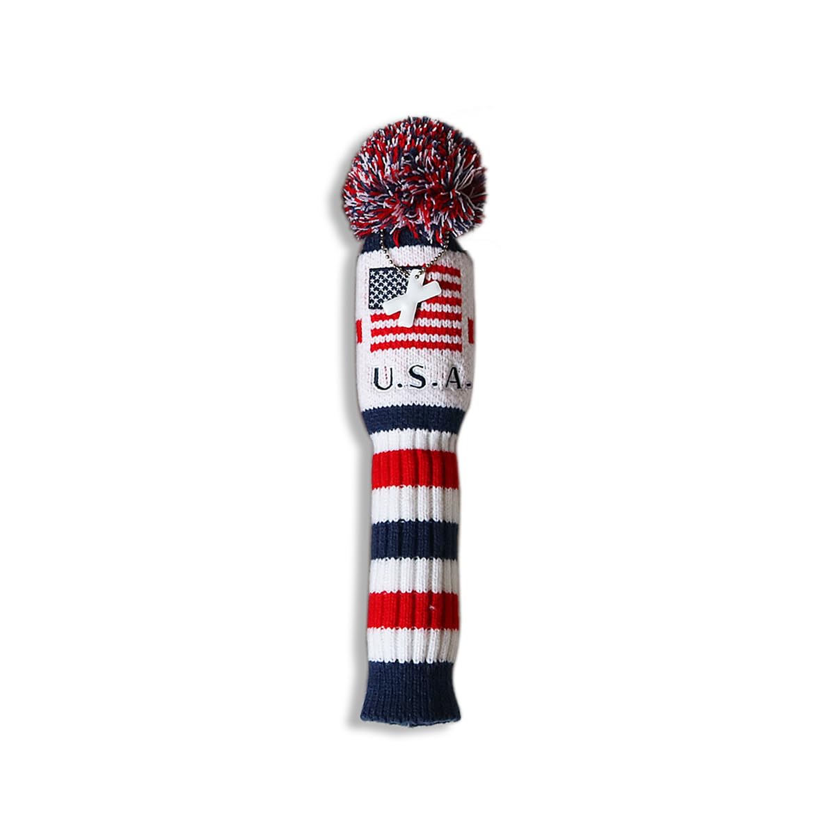 Craftsman GolfUS Flag Knit Pom Pom White Blue Red Driver,Fairway Wood, Hybrid Head Cover Headcover for Callaway Mizuno Cobra Taylormade