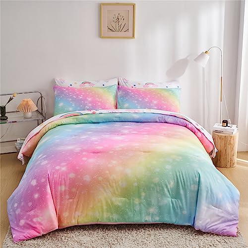 URLINENS Rainbow Girls Full Comforter Set with Sheets, 7 Pieces Full Bed in a Bag with Comforter, Sheets and Pillowcases, Soft Microfiber Pastel Glitter Fun Girly Full Bedding Set for Kids Teens