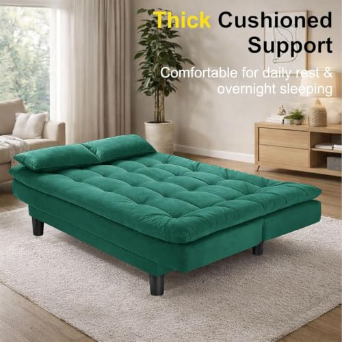 Image of Modern Three Seater Sofa Cum Bed with Cushions, Foldable Couch, Velvet Fabric Sleeper Sofa for Living Room, Guest Room, Green