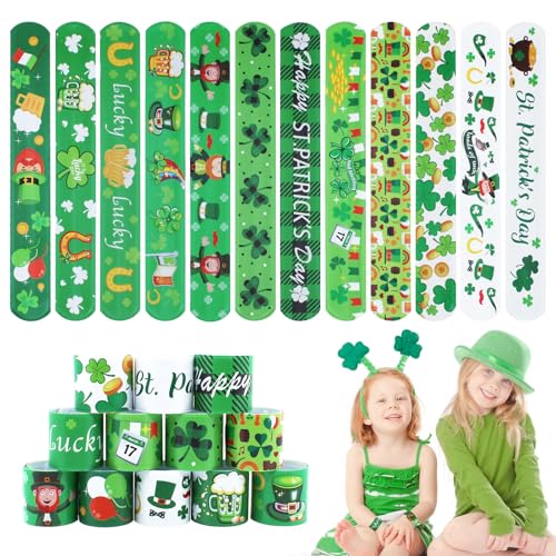 St. Patrick's Slap Bracelets for Kids 36PCS Bulk Shamrock Snap Bracelets St Patricks Day Party Favors Goodie Bag Stuffers Supplies St Patricks Day Accessories Treats Green Irish Gifts Toys for Kids