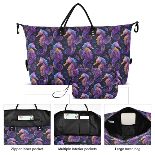 Seahorse Colorful Black Large Travel Duffle Bag Weekender Overnight Bags Gym Yoga Bag for Women Men with Toiletry Bag2