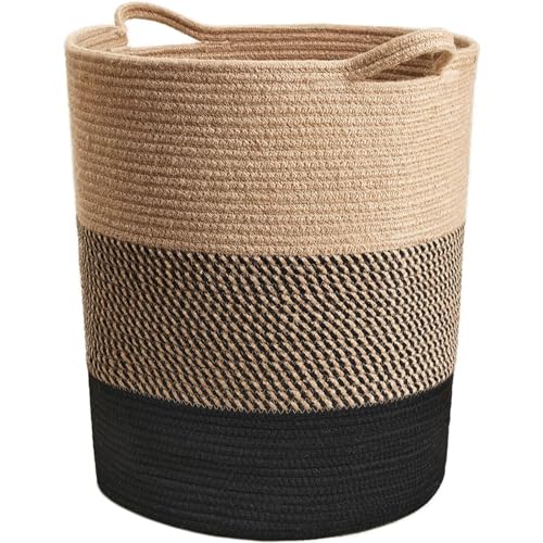 Image of INDRESSME Laundry Basket Large Laundry Hamper, Woven Baskets for Storage, 17.8" x 15.8" x 13.8", Wicker Laundry Basket for Living Room, Dirty Clothes Basket, Baby Hamper for Nursery, Black & Jute
