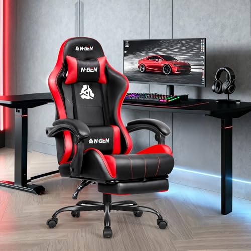 N-GEN GAMING Video Gaming Chair with Footrest Lumbar Support for Home Office High Back Recliner Height Adjustable Ergonomic Comfy Leather Computer Desk Chair (Red) - Image 3