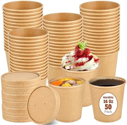 Worldity 50 Pack 16 oz Disposable Soup Containers with Lids, Kraft Paper Food Soup Cups, Leak Proof Take Out Containers with Lids, Disposable Bowls for Restaurant Party, Microwavable and Freezer Safe