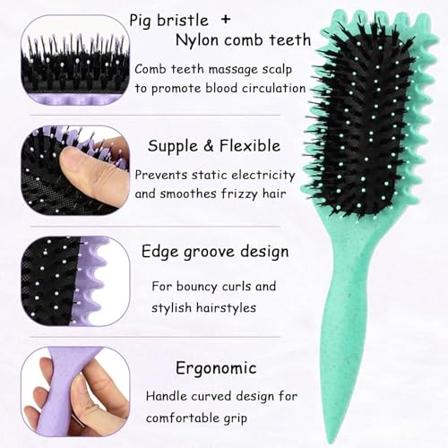 Image of Combelle 5-in-1 Curl Hair Brush | Vegan Boar Bristles | Bio-Based PLA Handle | Detangling, Defining & Frizz Control for Curly & Wavy Hair | For Men & Women - Multicolor
