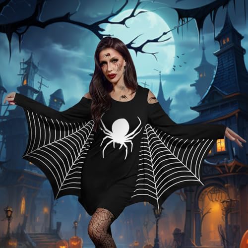 Spinnen Kostüm Damen, Halloween Kostüm Damen Spinnen Set, 1 Halloween Spinne Kostüm + 1 Spinnenstrümpfe + 10 Spinnenaufkleber, Spinnenkleid, für Erwachsene Halloween Fasching Karneval Cosplay (M)