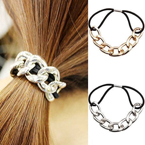2pcs de la mujer cabezal de metal cadena diadema no-damage brillante elástica pelo banda cuerda Cover