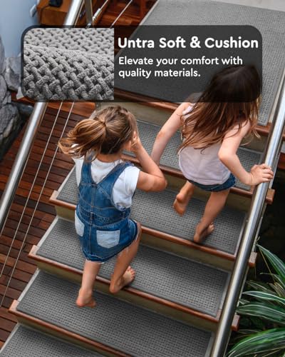tchdio Chenille Stair-Treads Non Slip for Wooden Steps Indoor 15pc Carpet Stair Treads, Rubber Backing Stair Carpet Treads, Residue Free 8\"x30\" Edging Stair Treads for Kids and Pets, Grey - Thumbnail 2