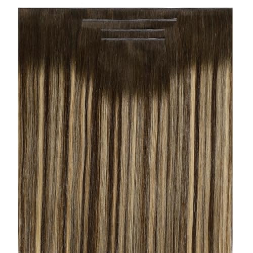 Image of LaaVoo Ombre Tape in Weft Hair Extensions Real Human Hair Tape in Weft Extensions Balayage Dark Brown Genius PU Tape on Hair Extension Human Hair 22inch 120g 4pcs
