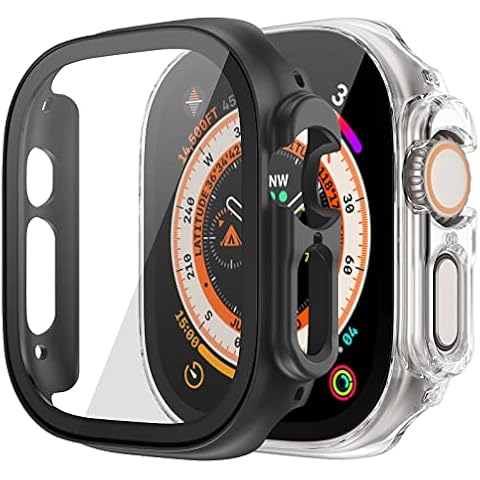 [2Pack] Kamita Case Compatible with Apple Watch Ultra 49mm with 9H Tempered Glass Screen Protector, Hard PC Full Coverage Protective Cover Ultra-Thin Bumper Case for iWatch Ultra 49mm (Clear+Black) Cover